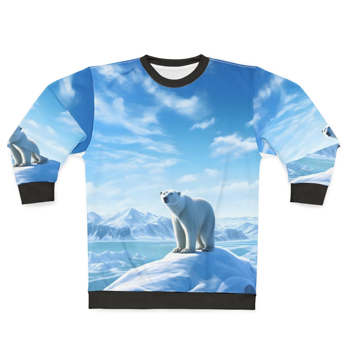 Polar bear in an arctic landscape printed on a gray sweatshirt