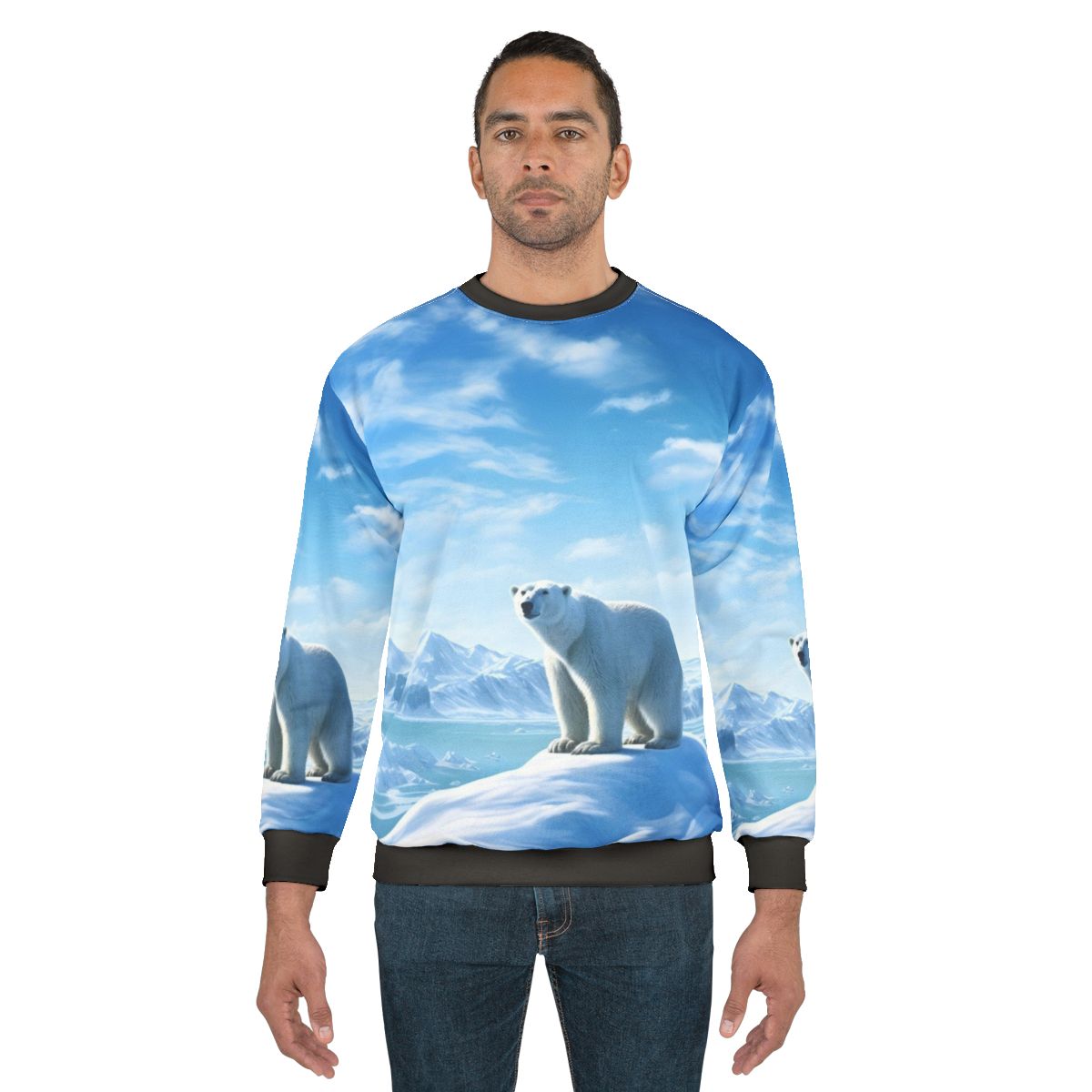 Polar bear in an arctic landscape printed on a gray sweatshirt