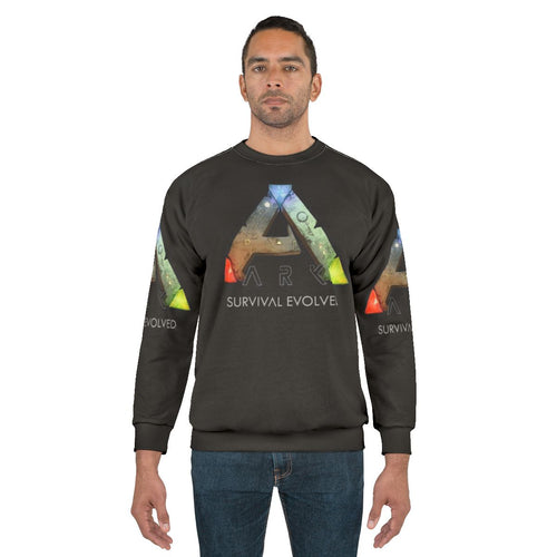 Ark Survival Evolved Sweatshirt featuring dinosaurs and video game logo