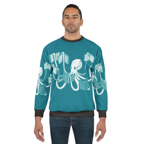 Armed With Knowledge Sweatshirt featuring an octopus or squid with tentacles holding books.