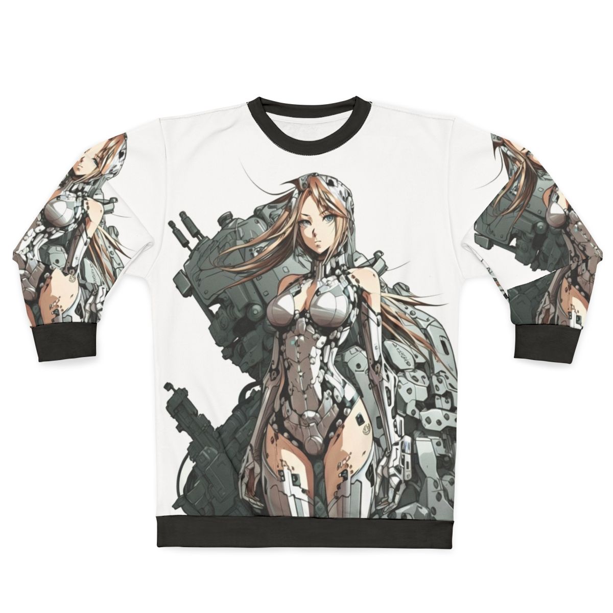 Armored anime girl wearing a grey sweatshirt