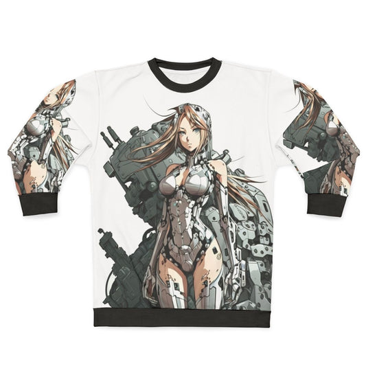 Armored anime girl wearing a grey sweatshirt