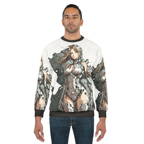 Armored anime girl wearing a grey sweatshirt