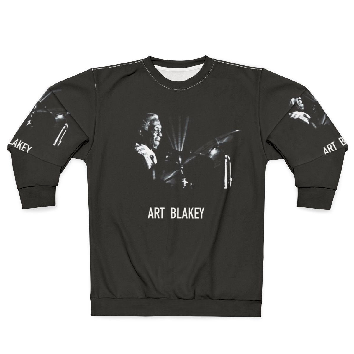 Art Blakey, legendary jazz drummer, on a stylish sweatshirt