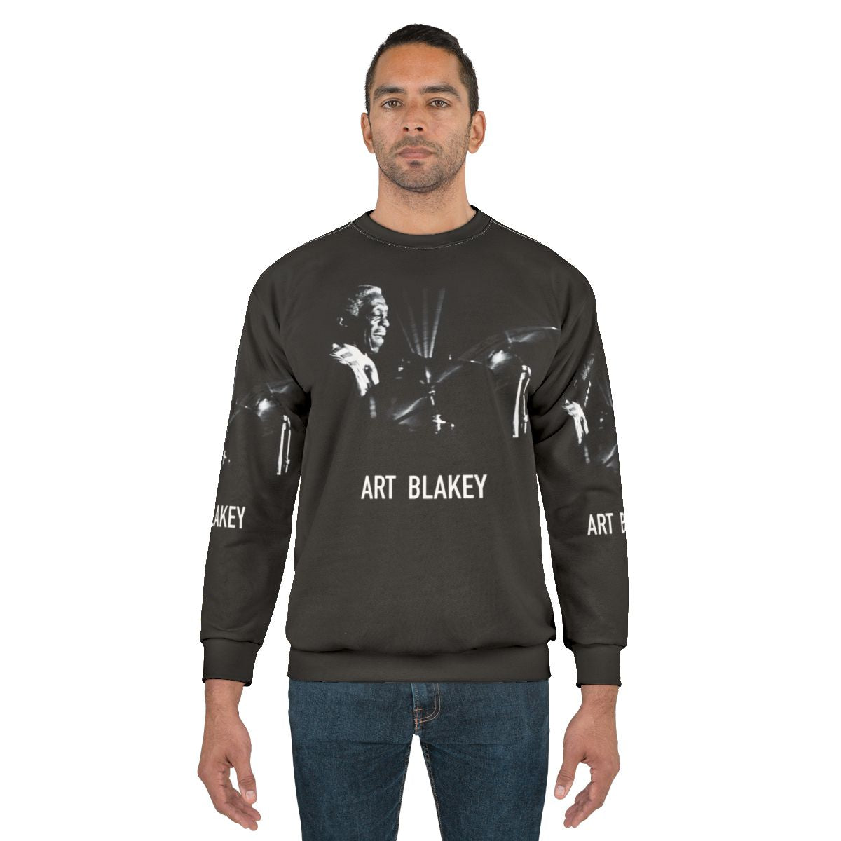 Art Blakey, legendary jazz drummer, on a stylish sweatshirt