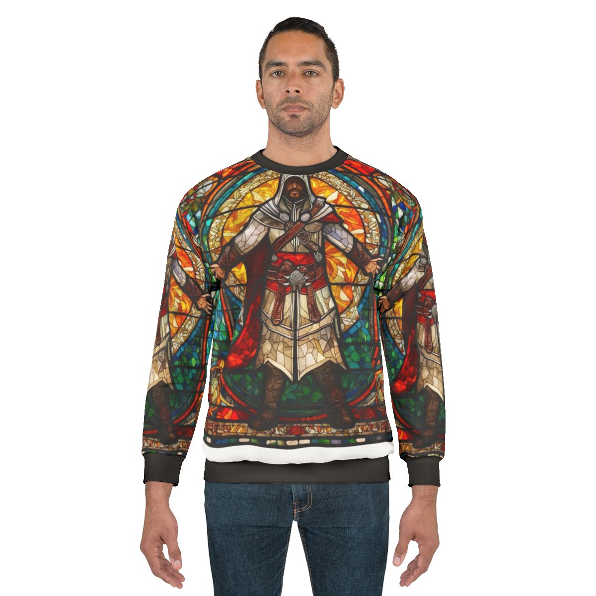 Assassin's Creed inspired sweatshirt with stained glass church window mosaic design