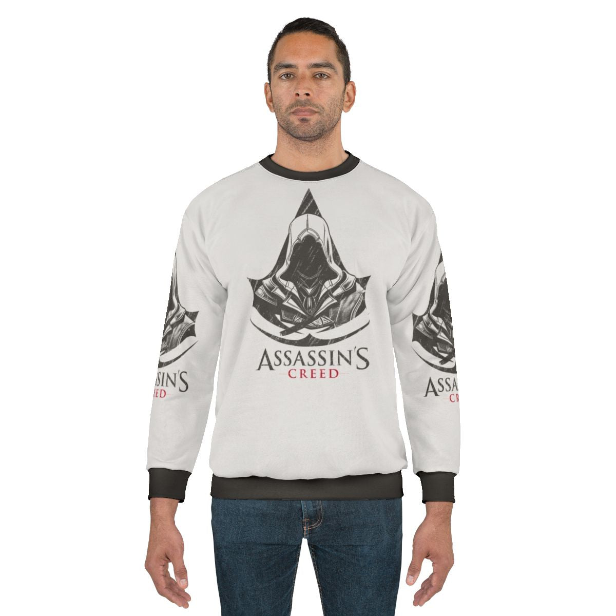 Assassin's Creed character design printed on a cozy sweatshirt