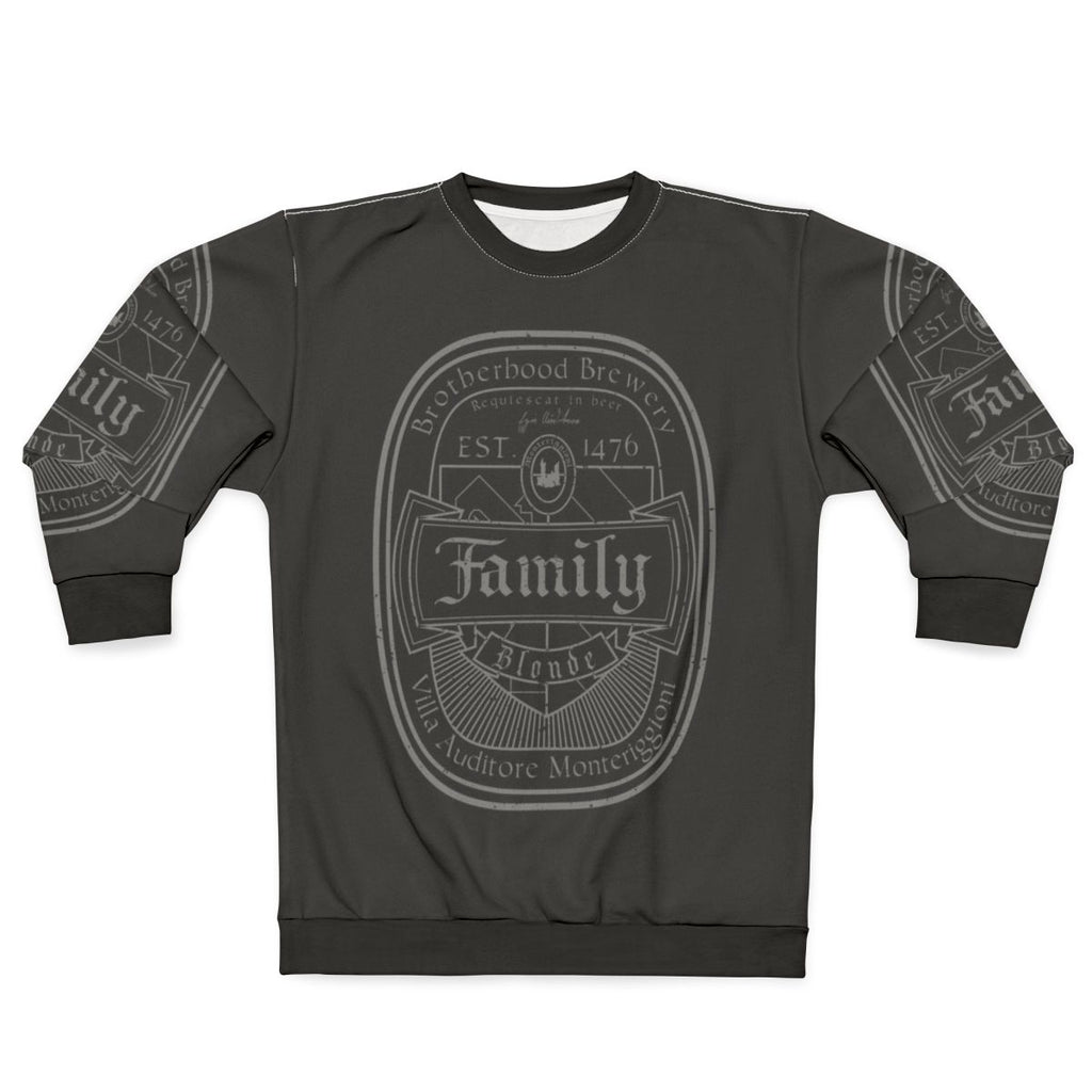 Assassin's Creed gaming sweatshirt with family beer label design