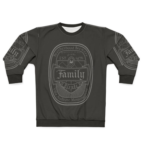 Assassin's Creed gaming sweatshirt with family beer label design