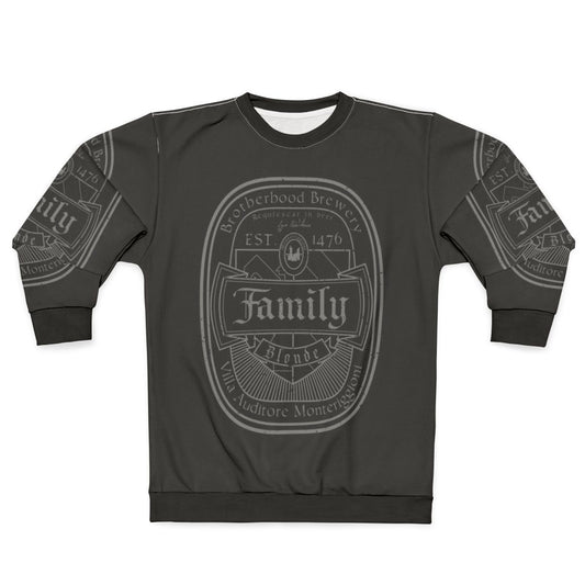 Assassin's Creed gaming sweatshirt with family beer label design