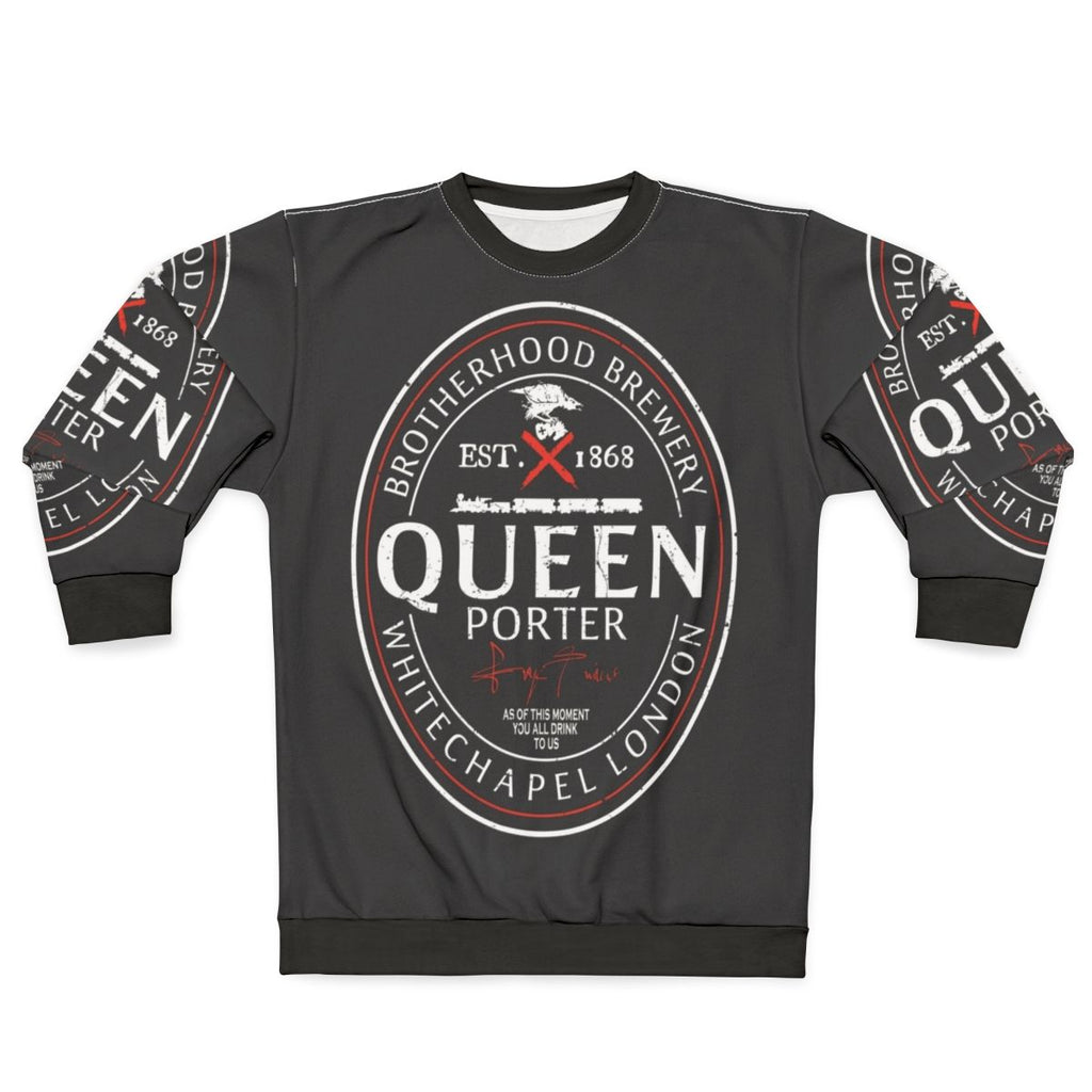 Assassin's Creed inspired gaming sweatshirt with beer label graphic