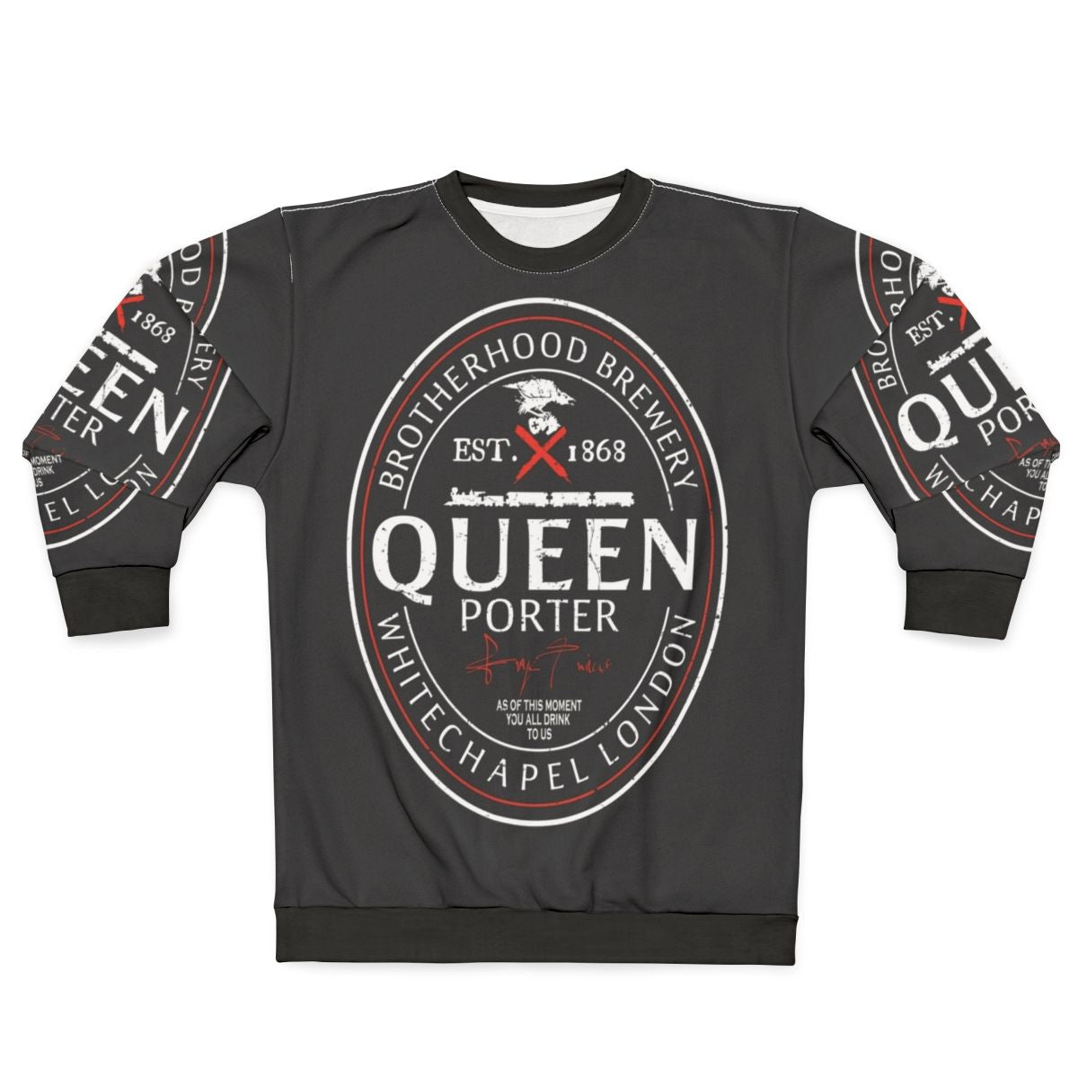 Assassin's Creed inspired gaming sweatshirt with beer label graphic