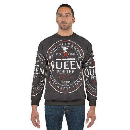 Assassin's Creed inspired gaming sweatshirt with beer label graphic