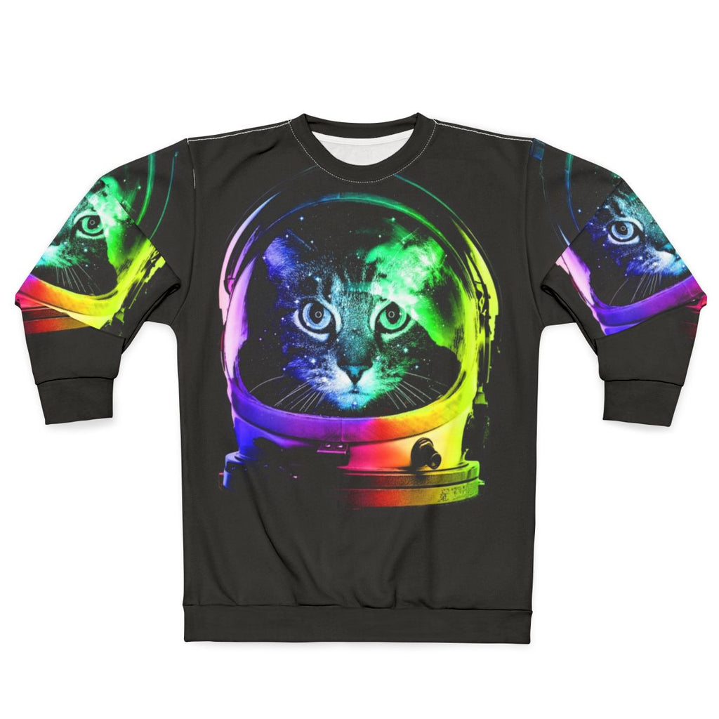 Astronaut cat in a space-themed sweatshirt