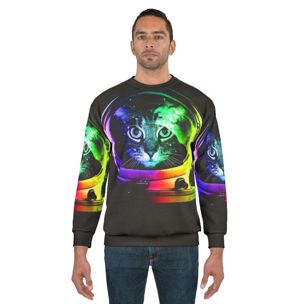 Astronaut cat in a space-themed sweatshirt