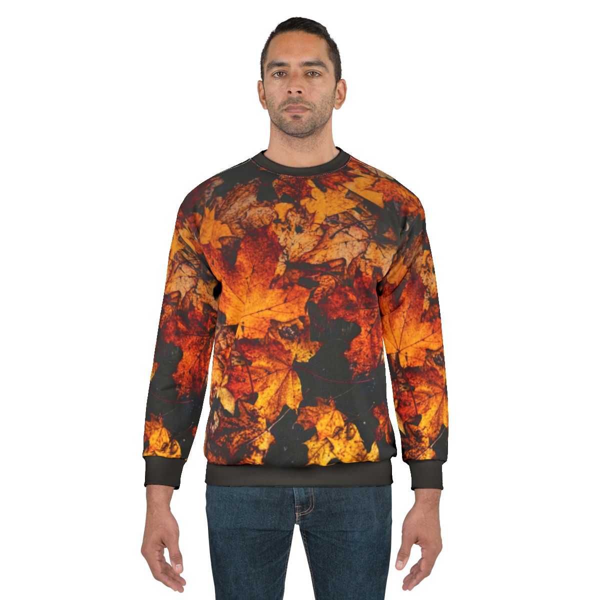Autumn colors sweatshirt with vibrant orange and red foliage print