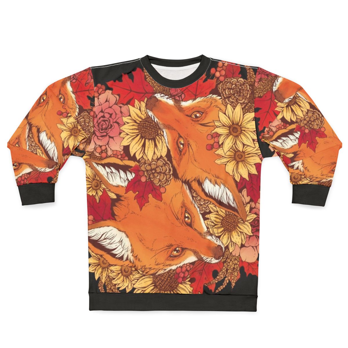 Autumn Fox Bloom Sweatshirt with foxes, sunflowers, and fall leaves
