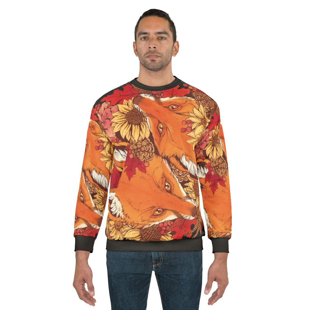 Autumn Fox Bloom Sweatshirt with foxes, sunflowers, and fall leaves