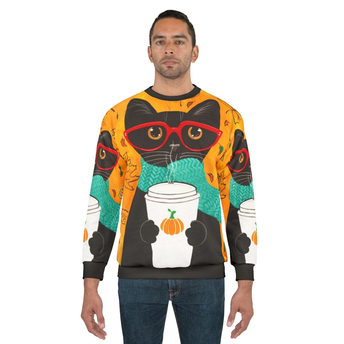 Autumn Pumpkin Coffee Cat Sweatshirt with Nerd Cat in Glasses