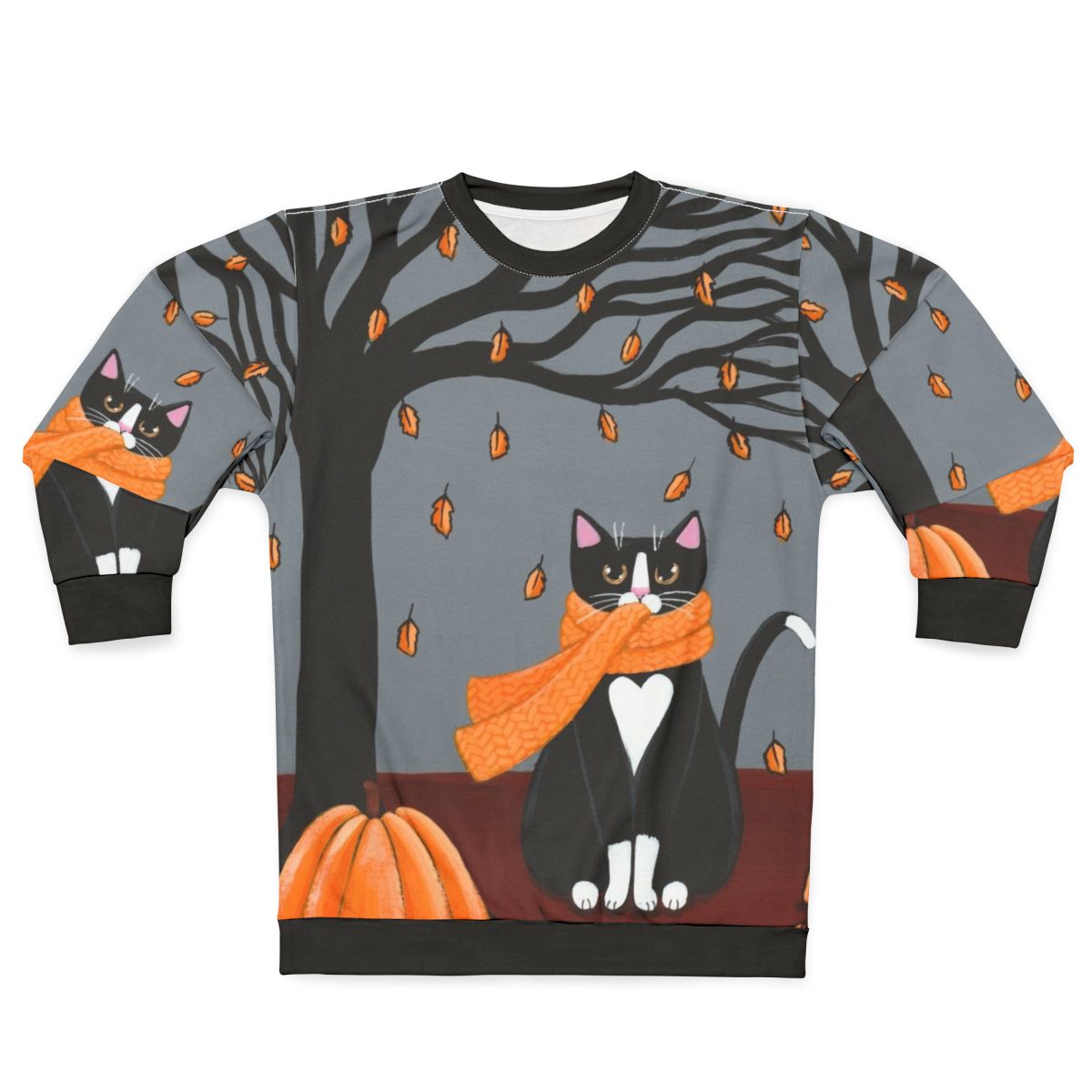 Tuxedo cat on a cozy autumn sweatshirt