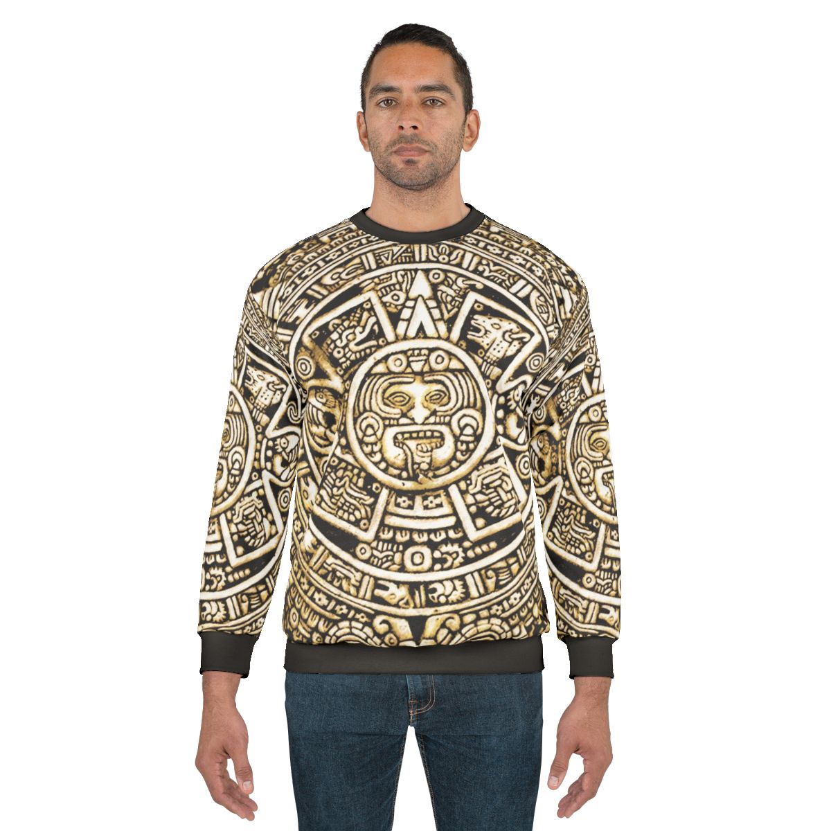 Aztec Calendar Sweatshirt with Prehispanic Mexican Cultural Motifs