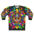 Aztec warrior mask sweatshirt with vibrant rainbow colors