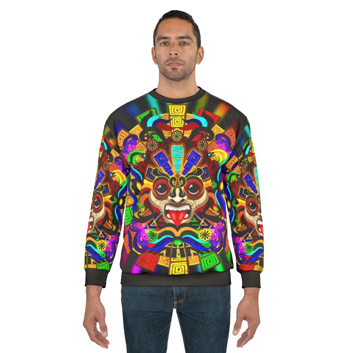 Aztec warrior mask sweatshirt with vibrant rainbow colors