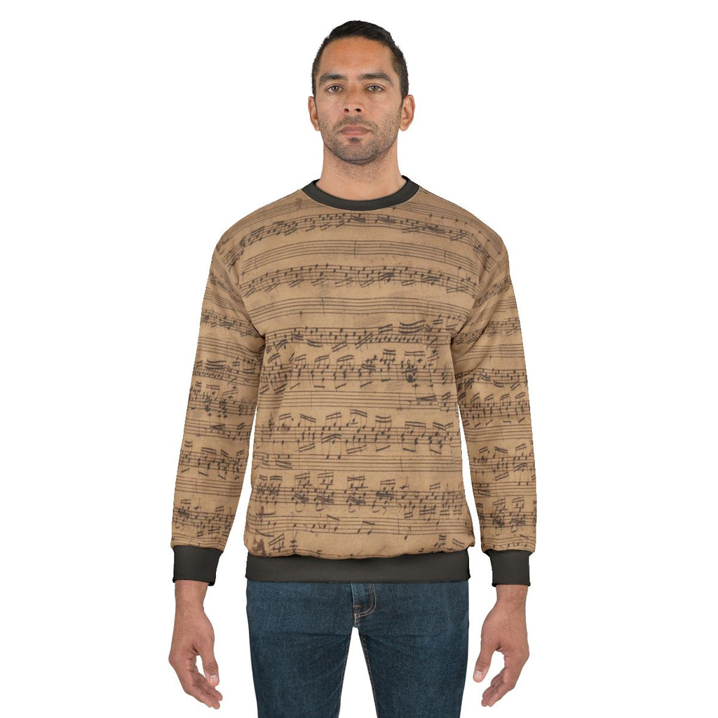 Baroque music sweatshirt featuring Bach's musical notes