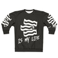 Bacon lover wearing a sweatshirt with "Bacon Is My Life" printed on it