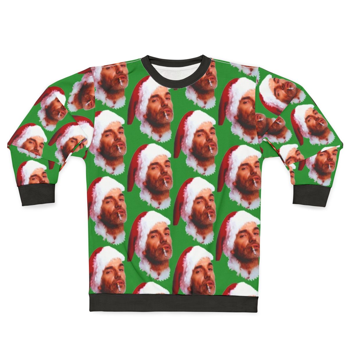 Bad Santa smoking a cigarette wearing an ugly Christmas sweatshirt