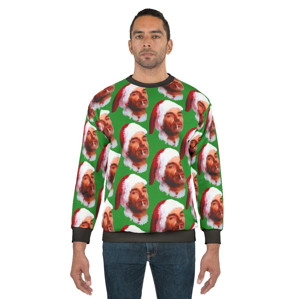 Bad Santa smoking a cigarette wearing an ugly Christmas sweatshirt