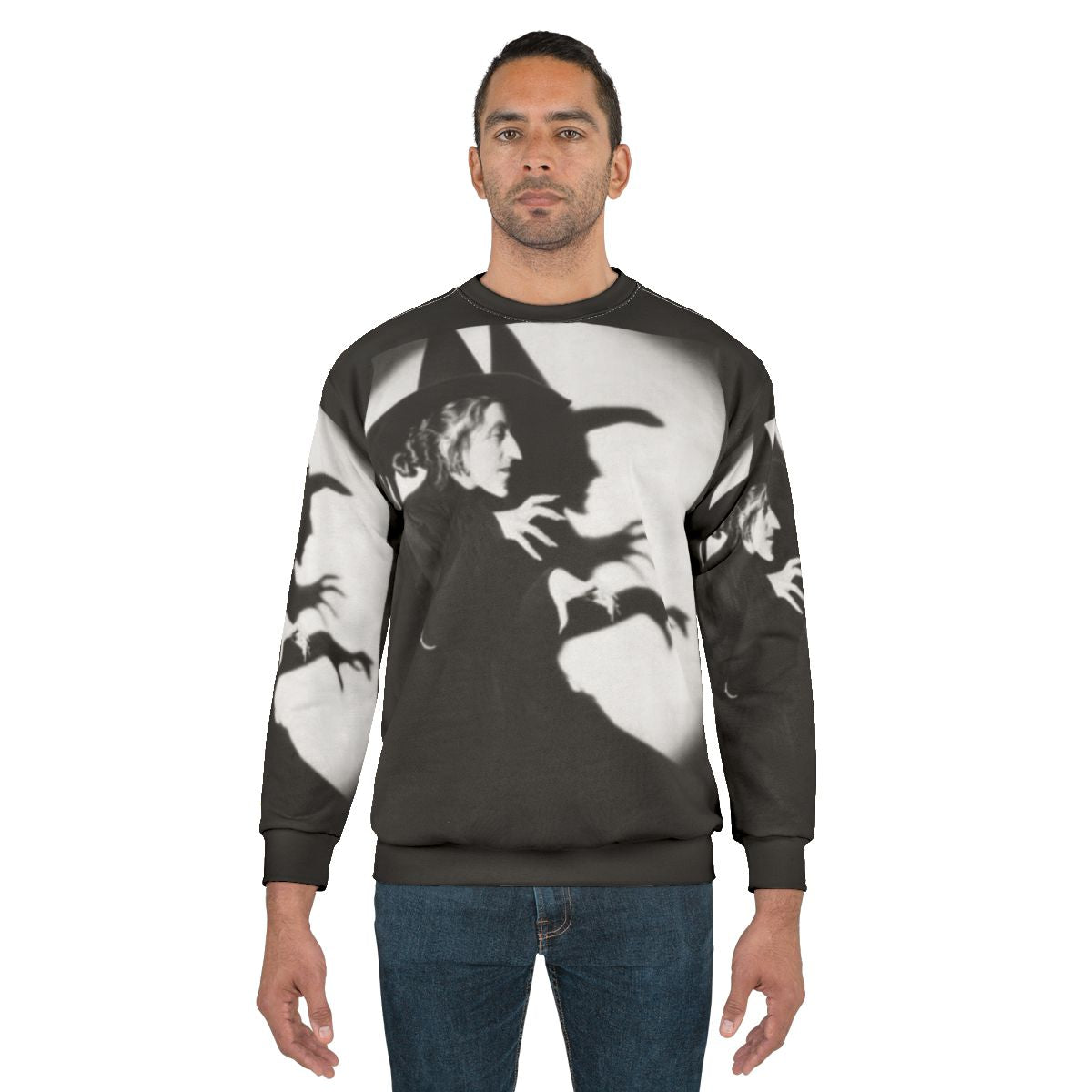 A cozy "Bad Witch" sweatshirt featuring a chilling design