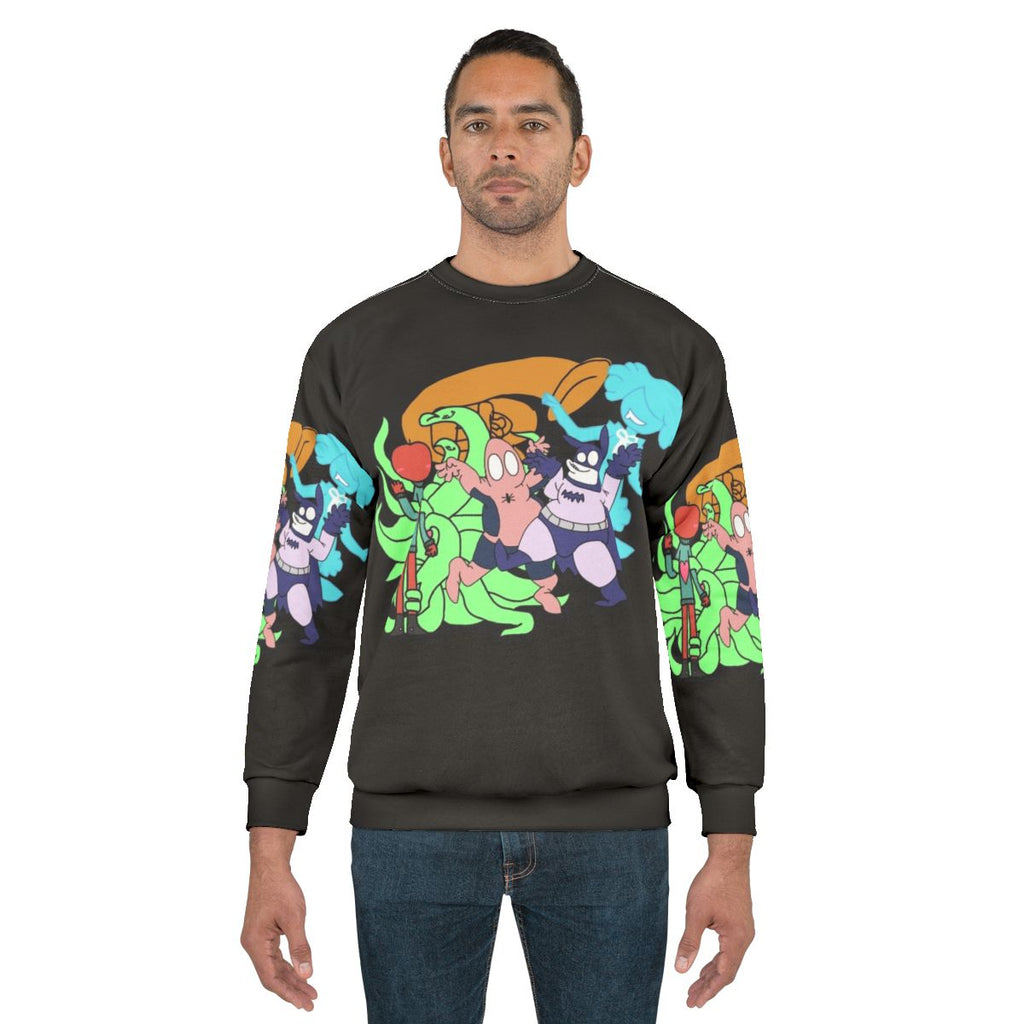 Baman Piderman cartoon character graphic on a gray crew neck sweatshirt