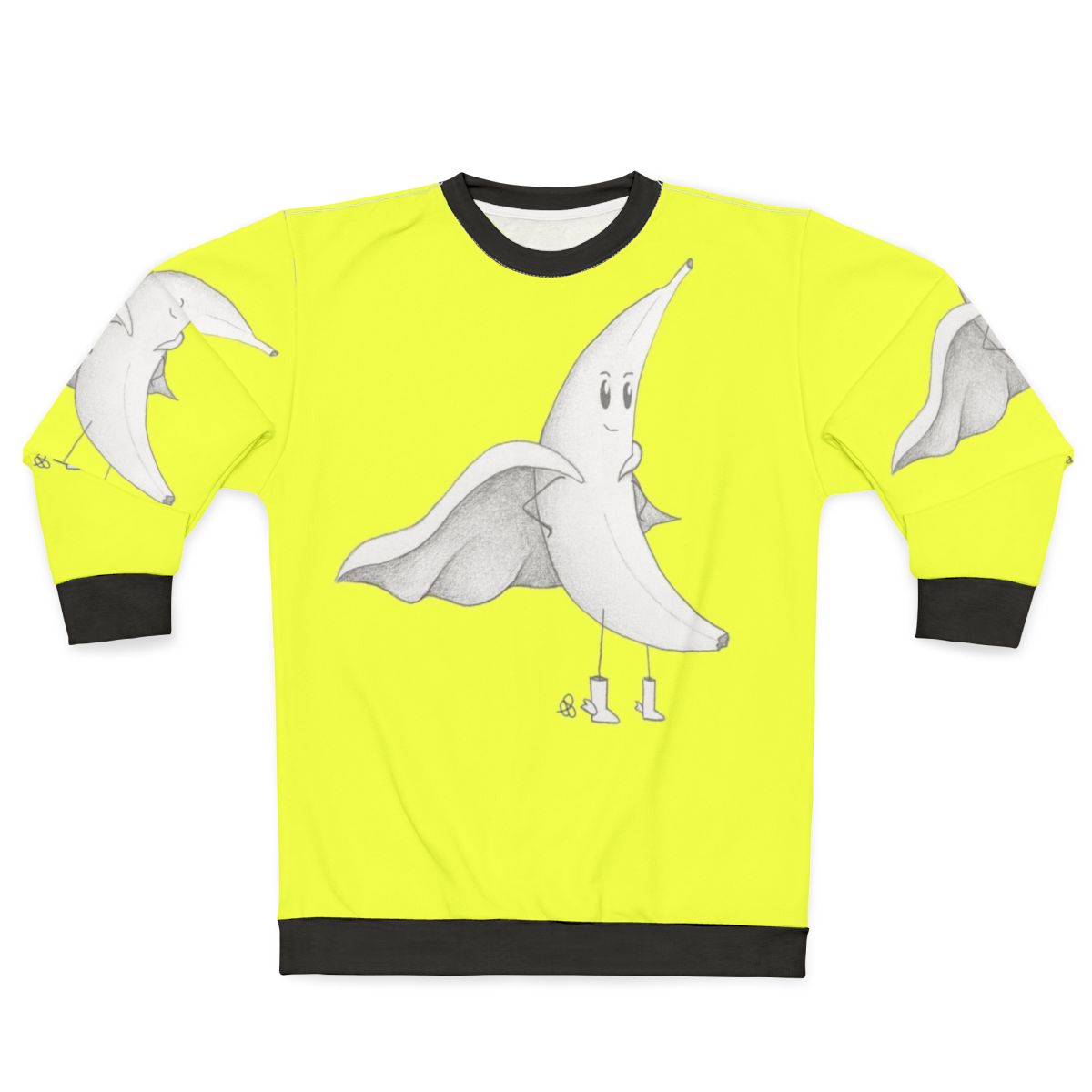 Cute banana superhero character in a pencil drawing style sweatshirt