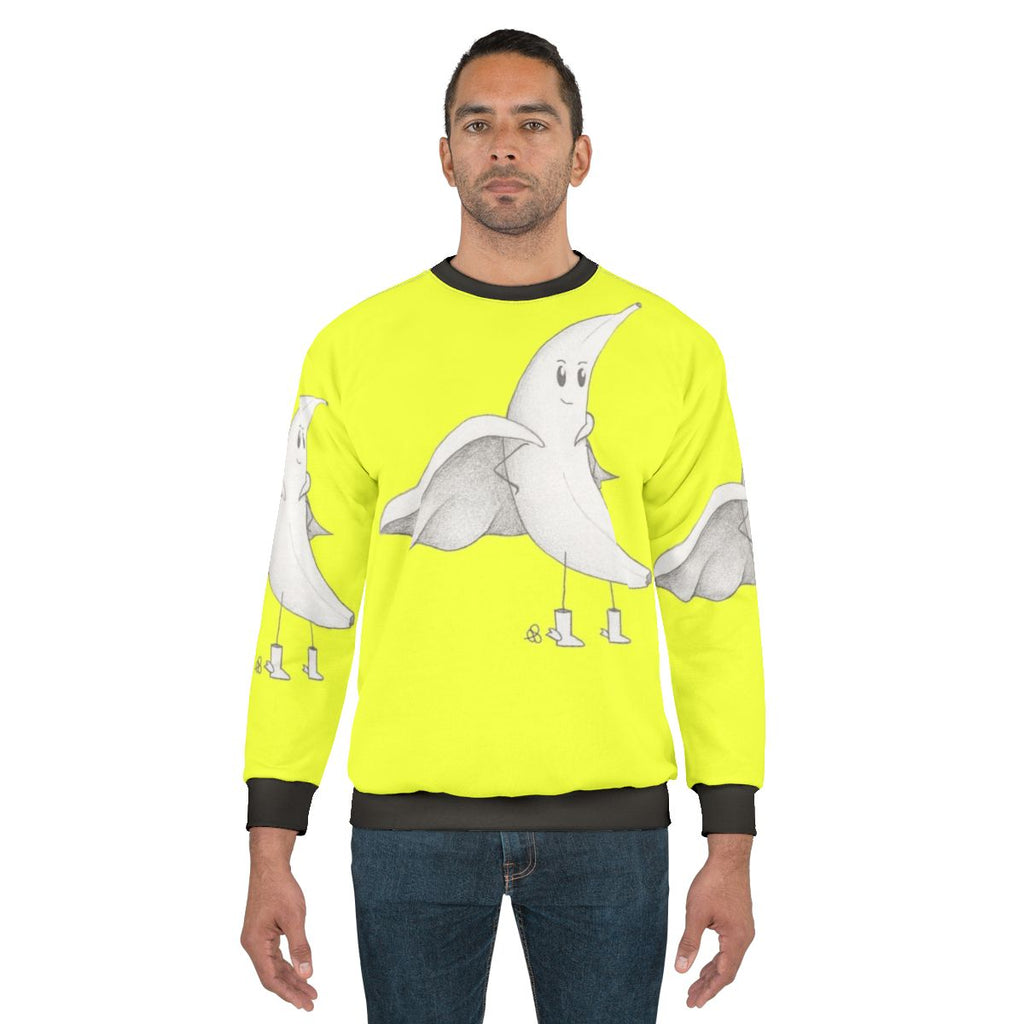 Cute banana superhero character in a pencil drawing style sweatshirt