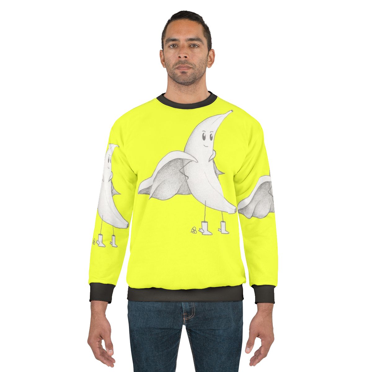 Cute banana superhero character in a pencil drawing style sweatshirt