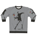 Banksy inspired sweatshirt featuring protester throwing flowers graphic