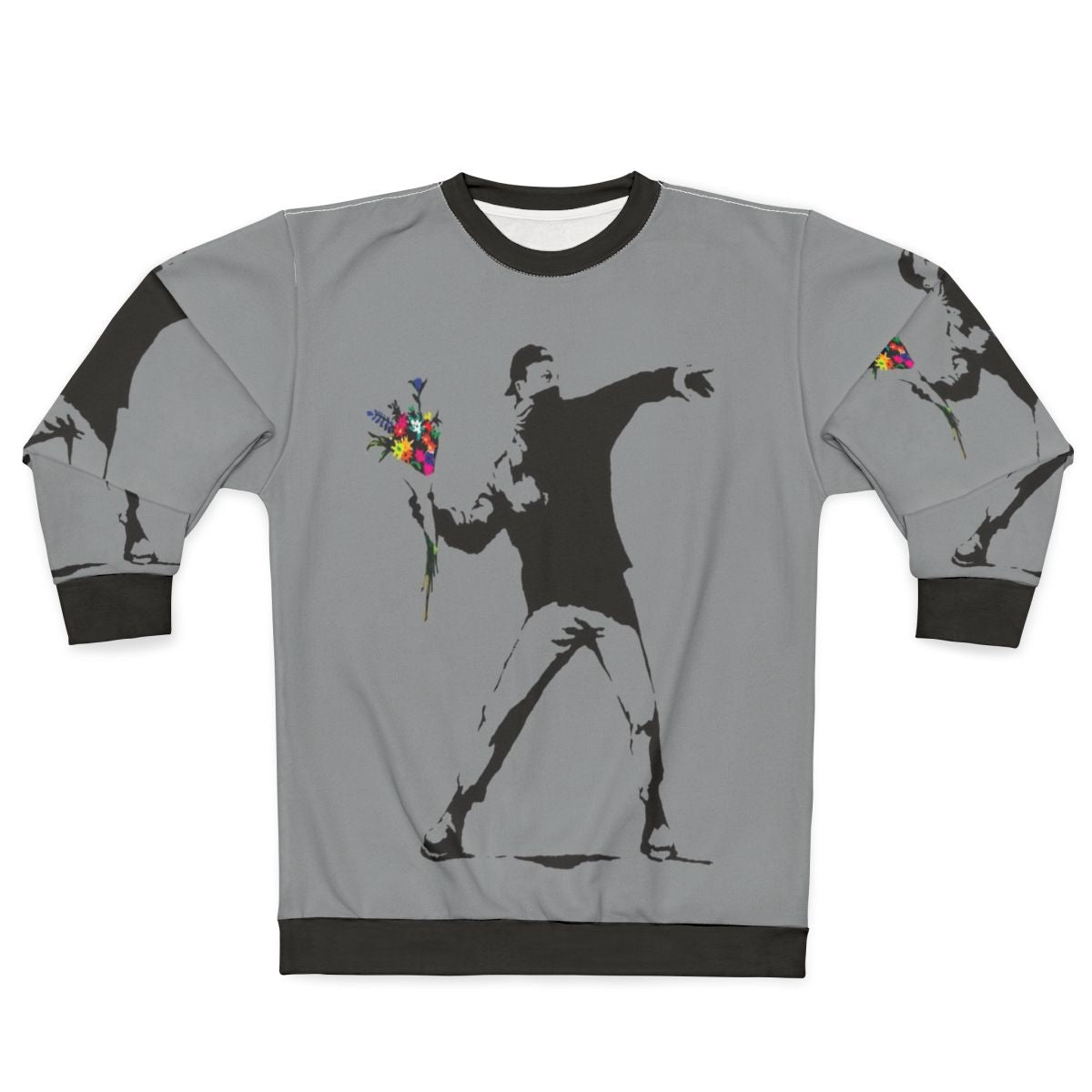 Banksy inspired sweatshirt featuring protester throwing flowers graphic
