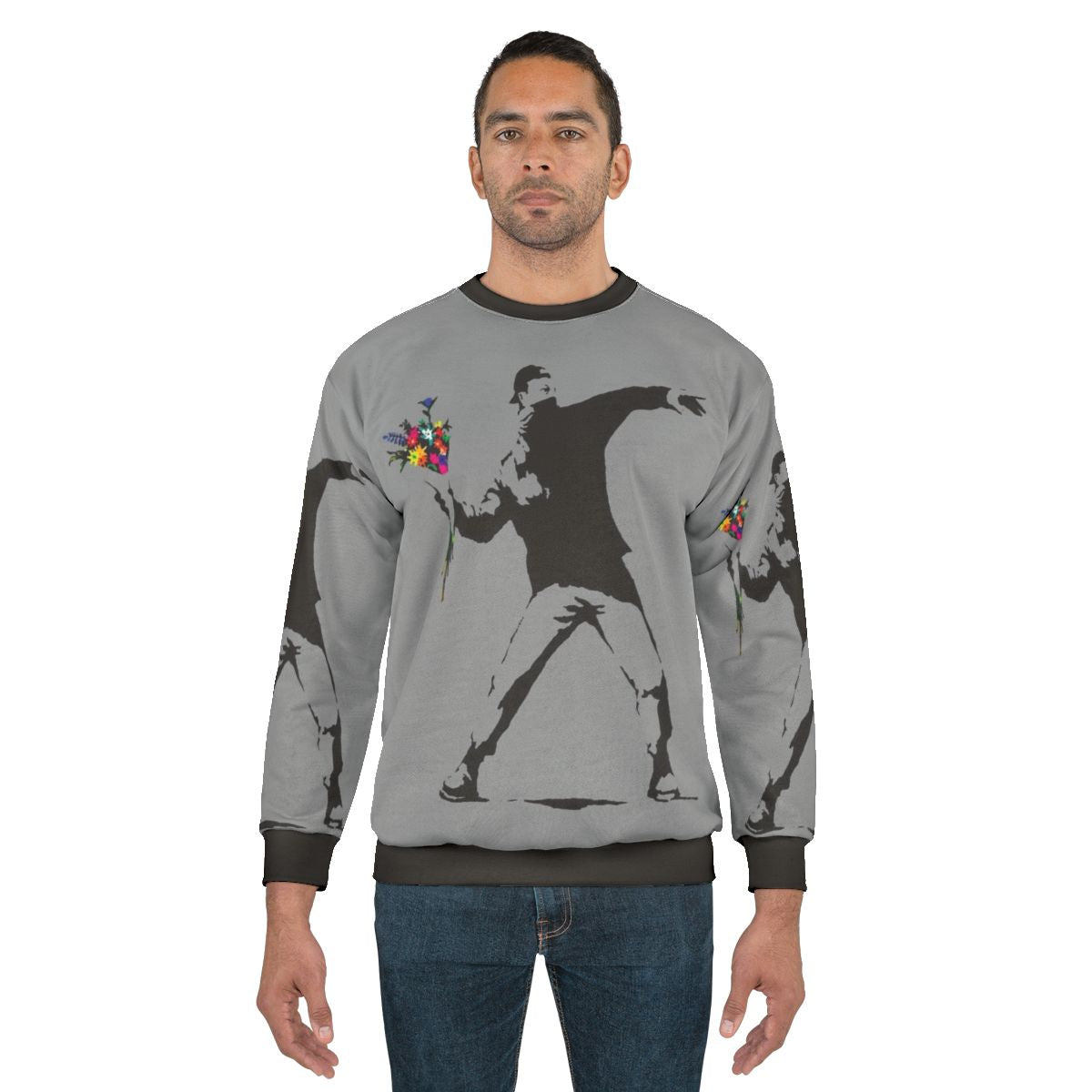 Banksy inspired sweatshirt featuring protester throwing flowers graphic