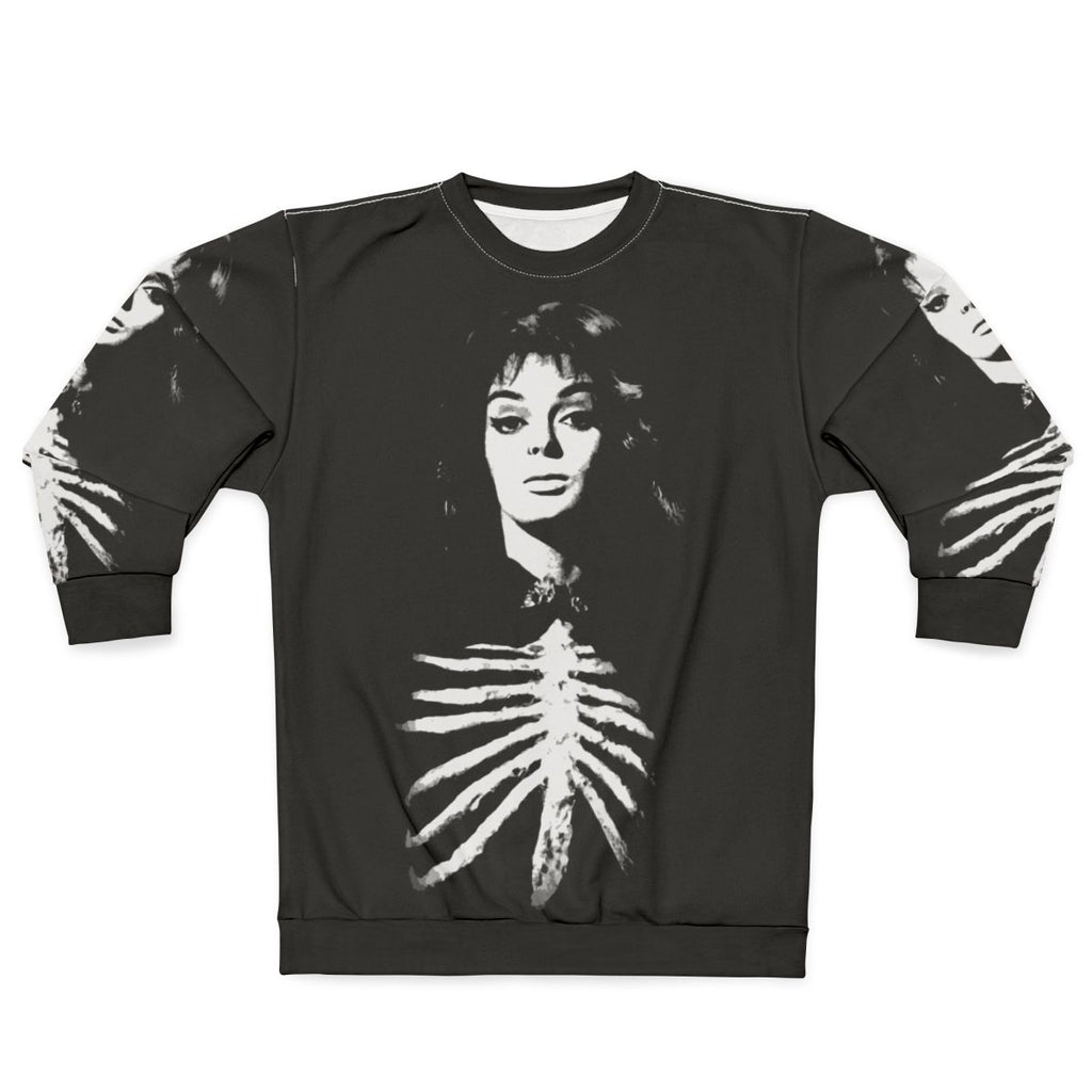 Barbara Steele as the "Queen of Horror" wearing a black and gothic-inspired sweatshirt