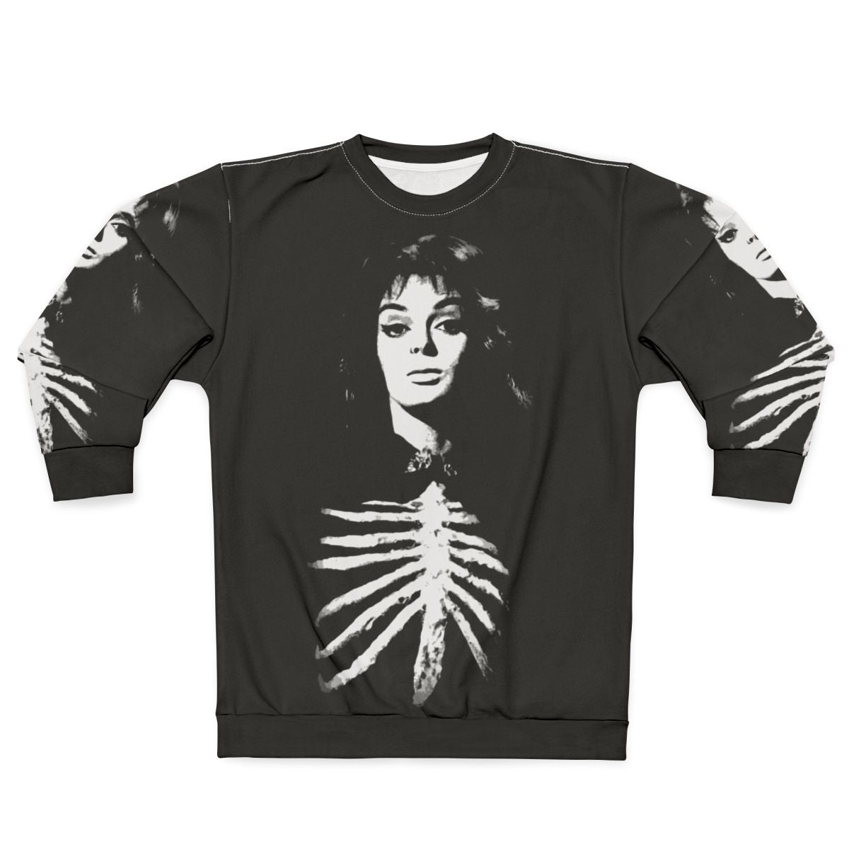 Barbara Steele as the "Queen of Horror" wearing a black and gothic-inspired sweatshirt