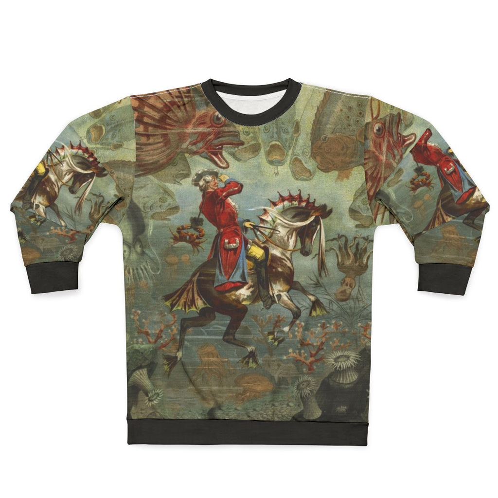Vintage baron munchausen sweatshirt with whimsical ocean and horse design