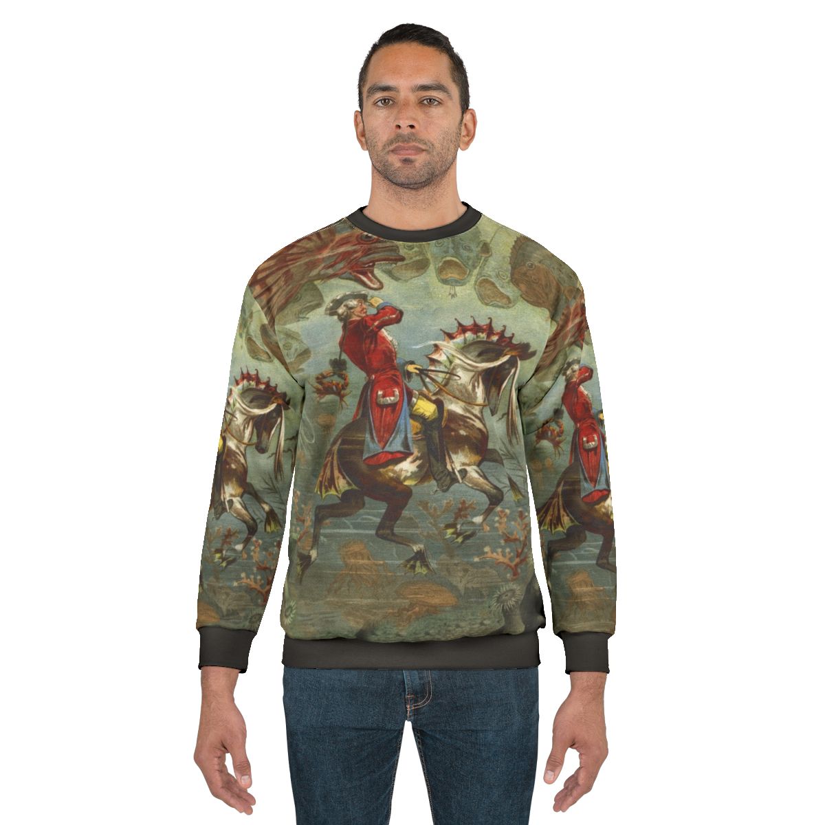 Vintage baron munchausen sweatshirt with whimsical ocean and horse design