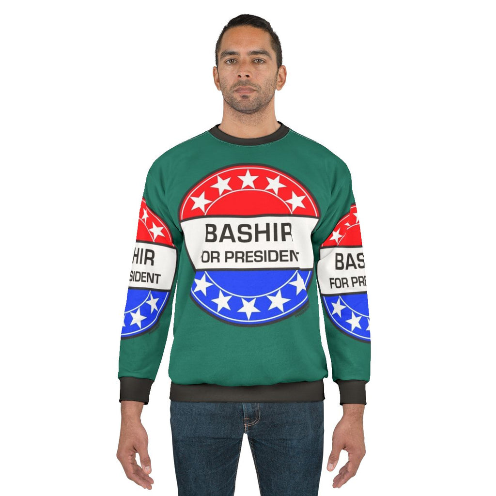 "Bashir For President" sci-fi sweatshirt featuring retro Star Trek pop art design