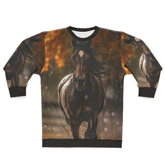 A bay horse trotting through a puddle on an autumn rainy day
