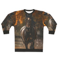 A bay horse trotting through a puddle on an autumn rainy day
