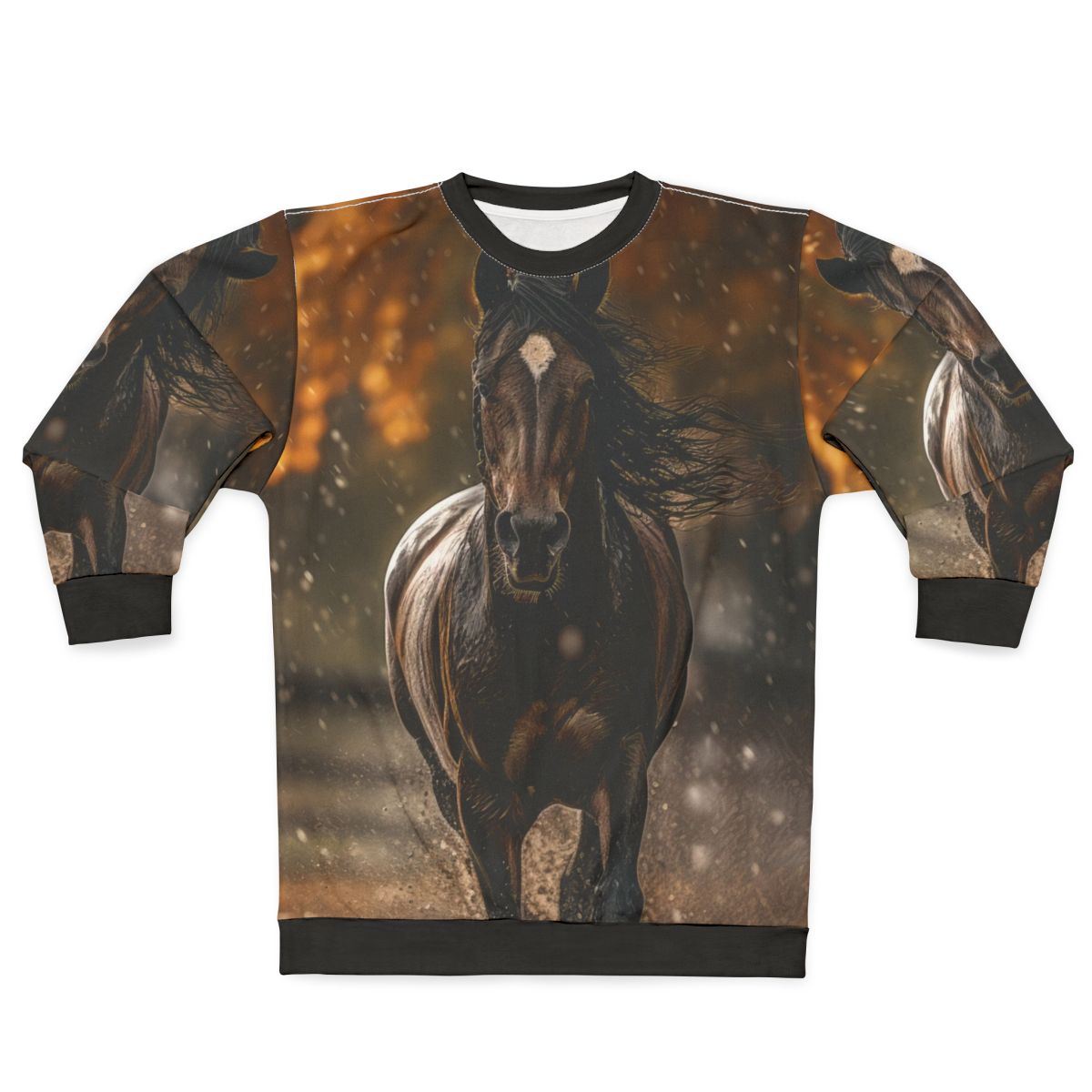A bay horse trotting through a puddle on an autumn rainy day