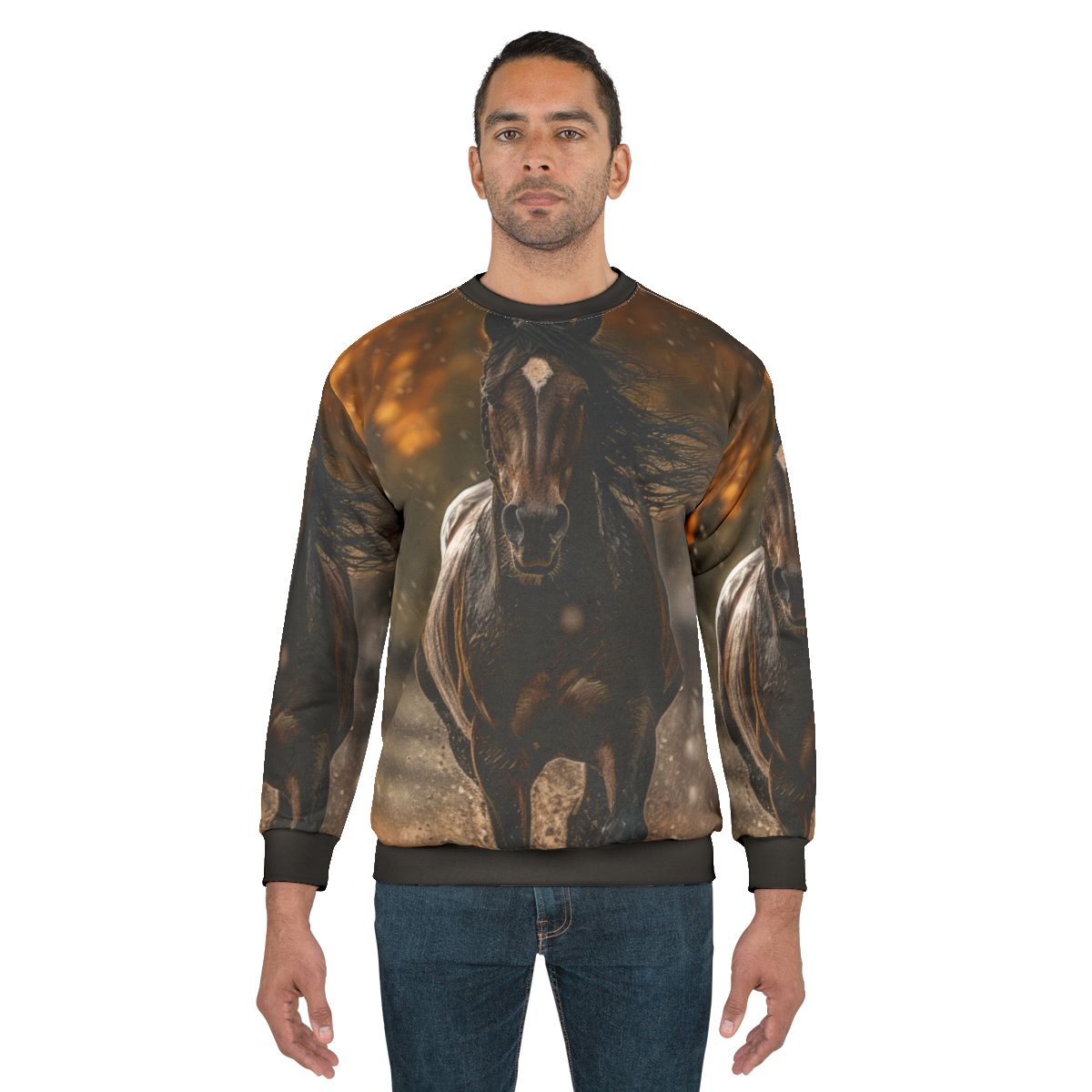 A bay horse trotting through a puddle on an autumn rainy day