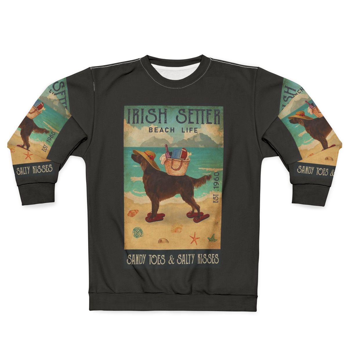 Vintage-inspired Irish Setter dog sweatshirt with beach life and sandy toes design