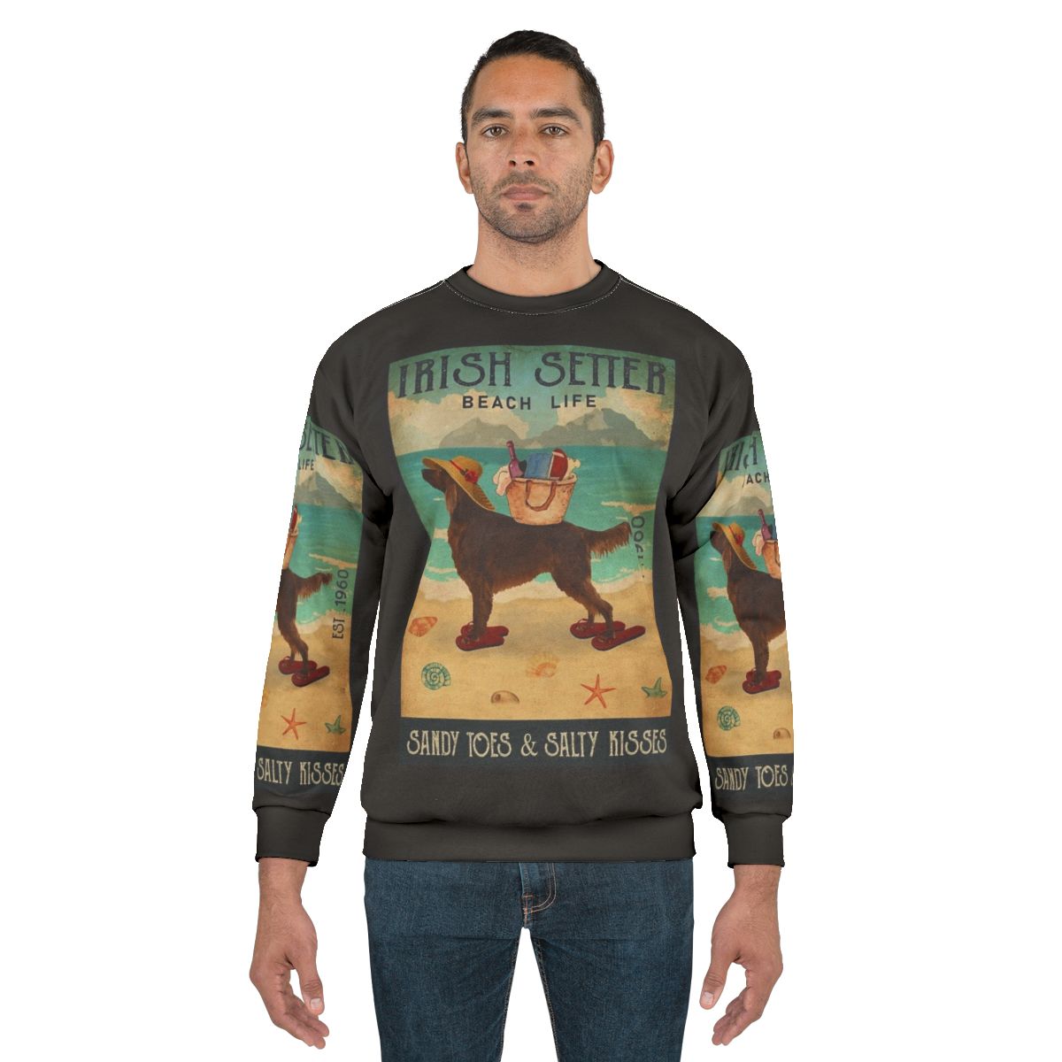 Vintage-inspired Irish Setter dog sweatshirt with beach life and sandy toes design